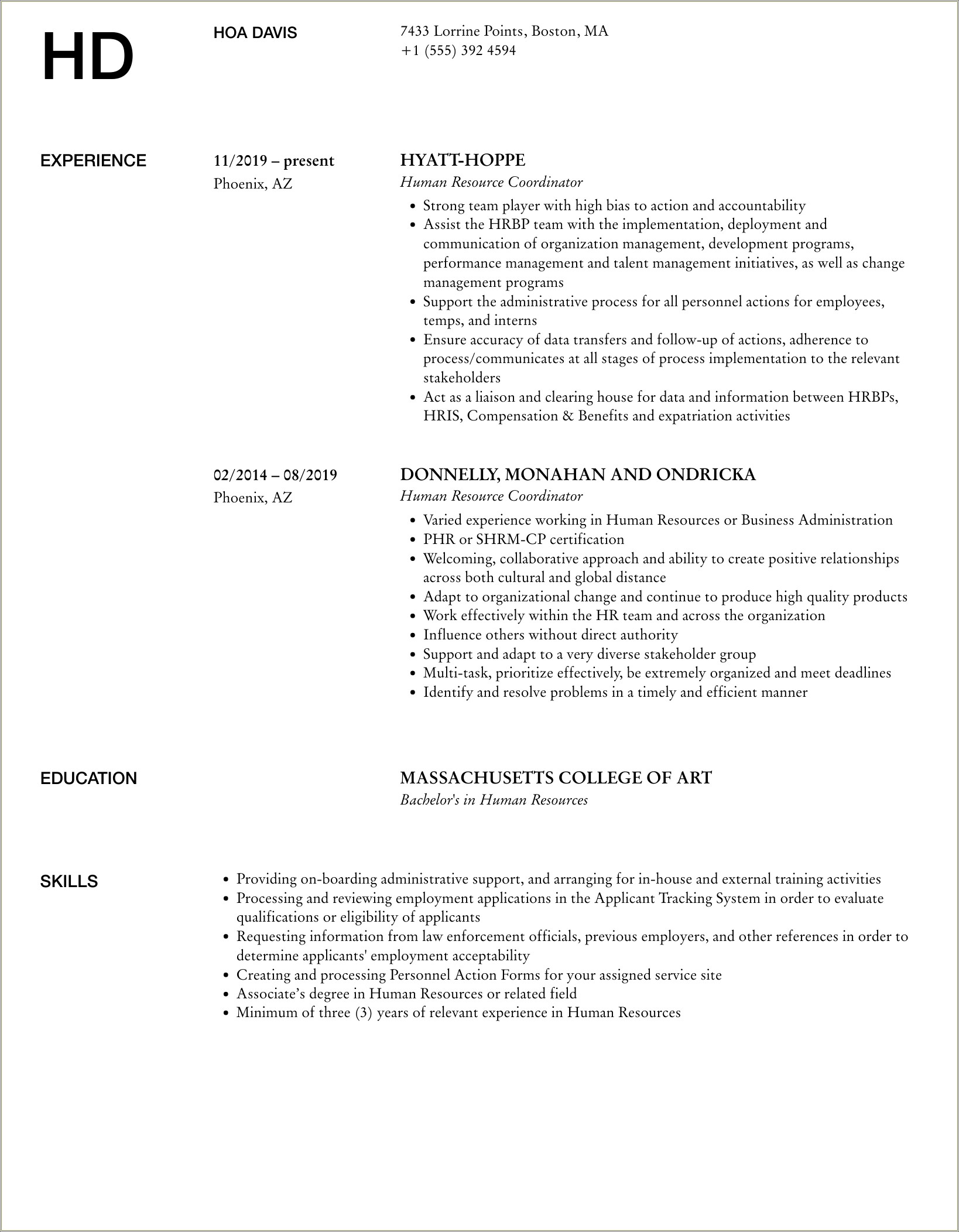 Human Resources Coordinator Resume Job Offer