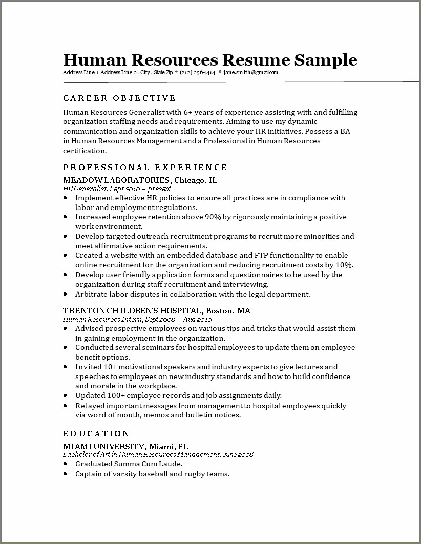 Human Resources Generalist Job Resume Objective