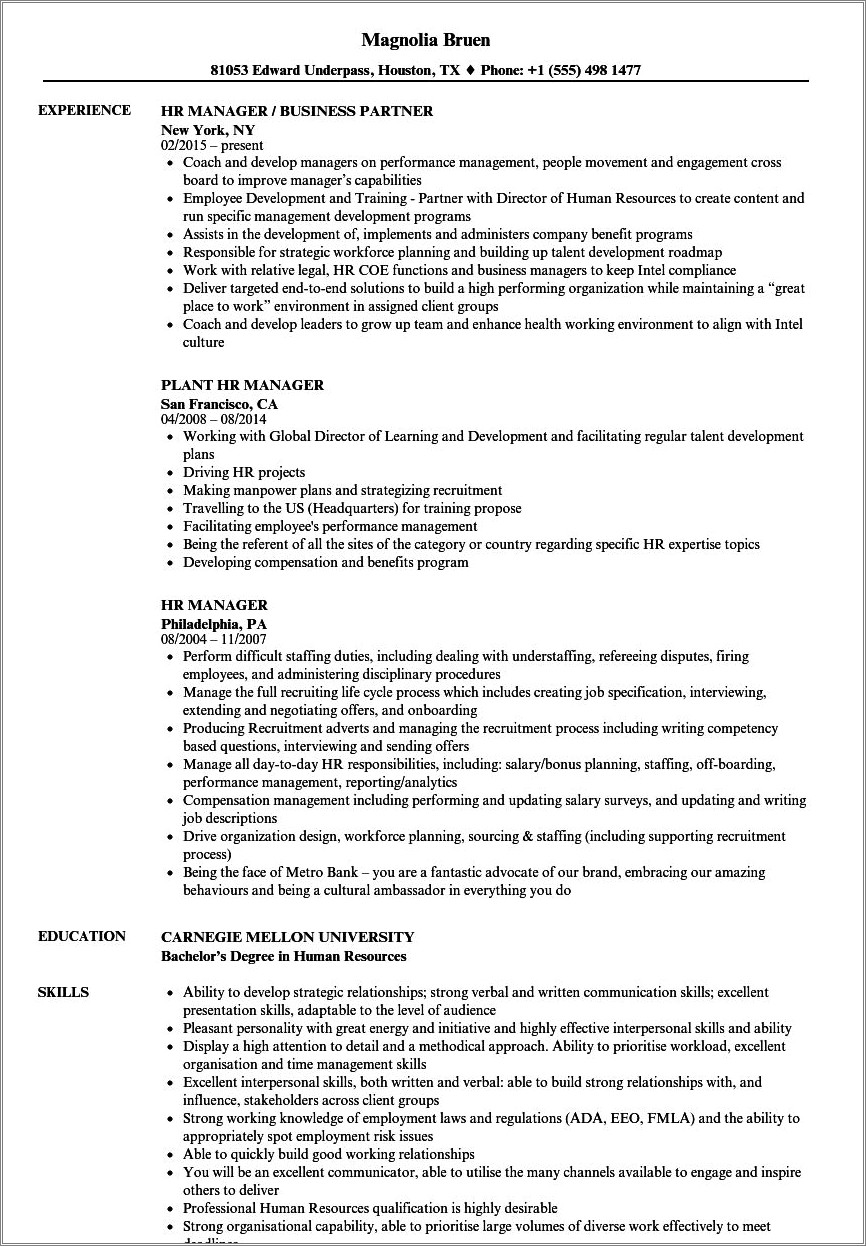 Human Resources Manager And Tracy Ca And Resume