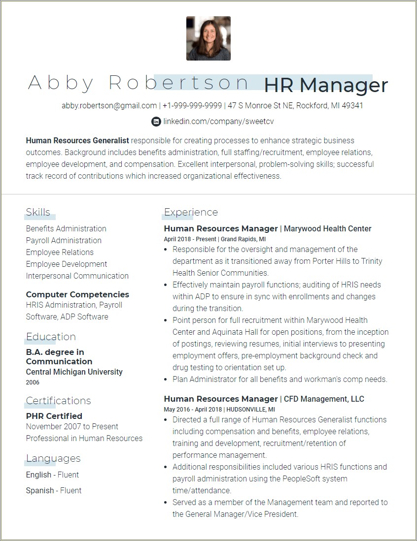 Human Resources Manager Resume Summary Examples