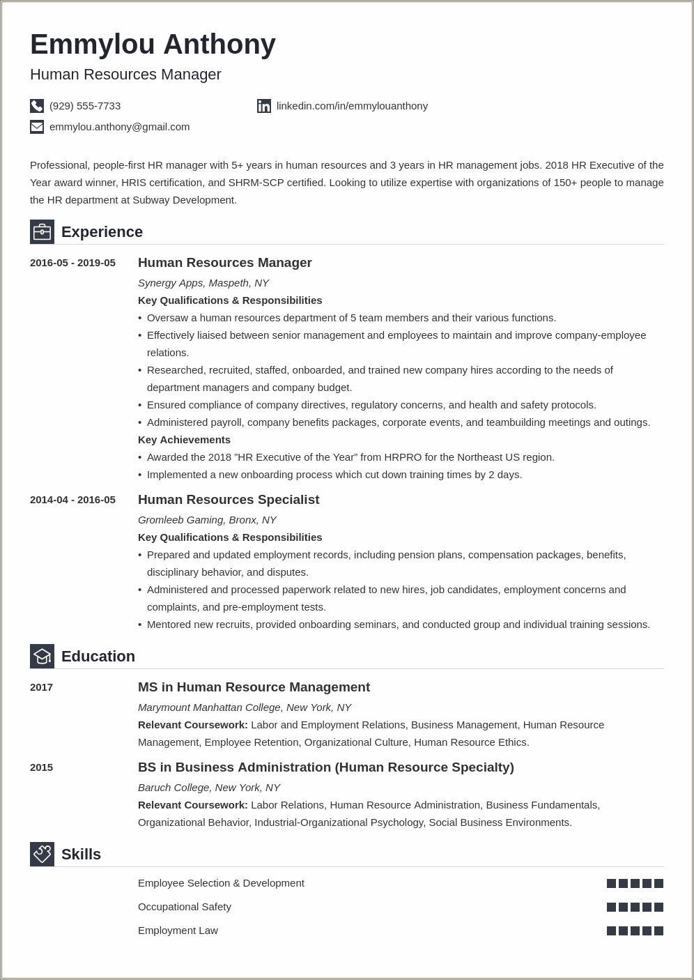 Human Resources Resume Examples Professional Summary