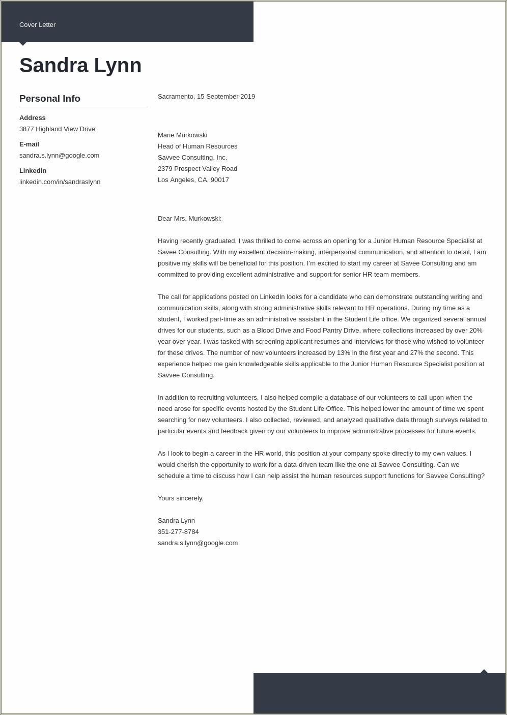 Human Resources Resume Sample Cover Letter