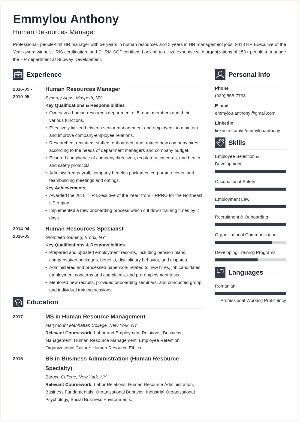 Human Resources Resume Samples Professional Summary
