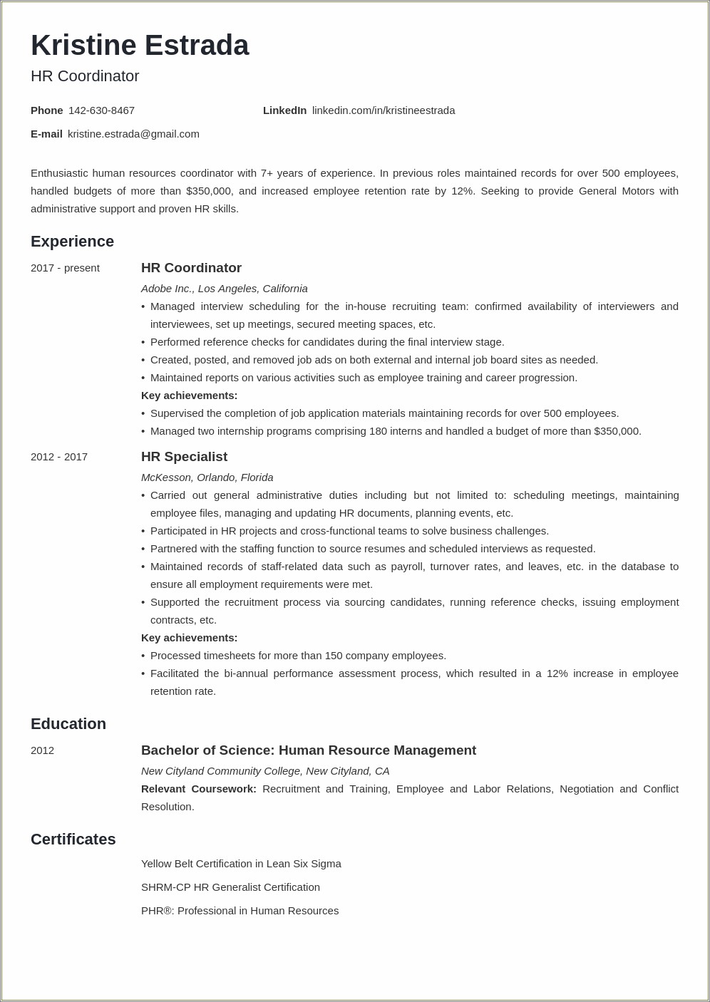 Human Resources Sample Resume Entry Level Course Work
