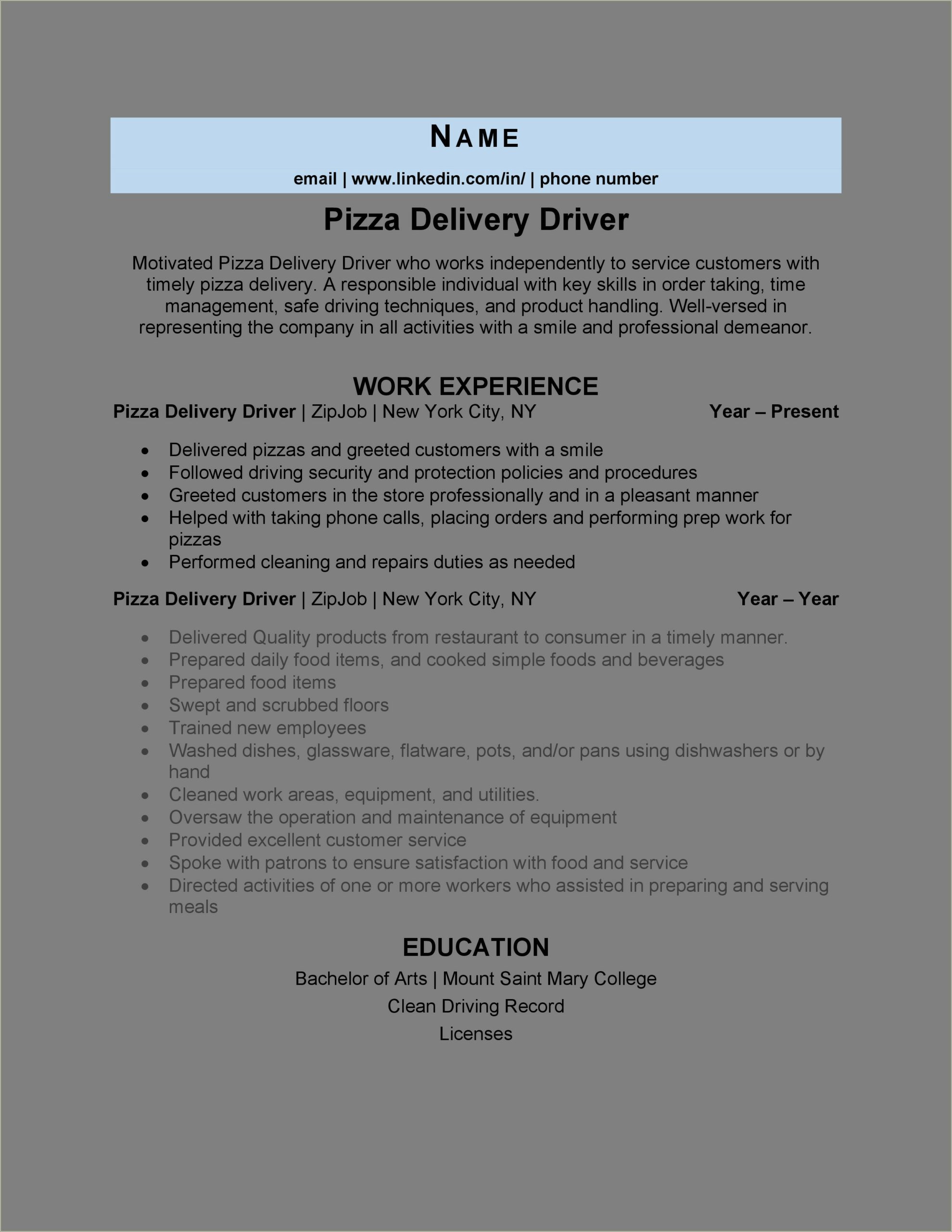 Hungry Howie's Delivery Driver Resume Sample