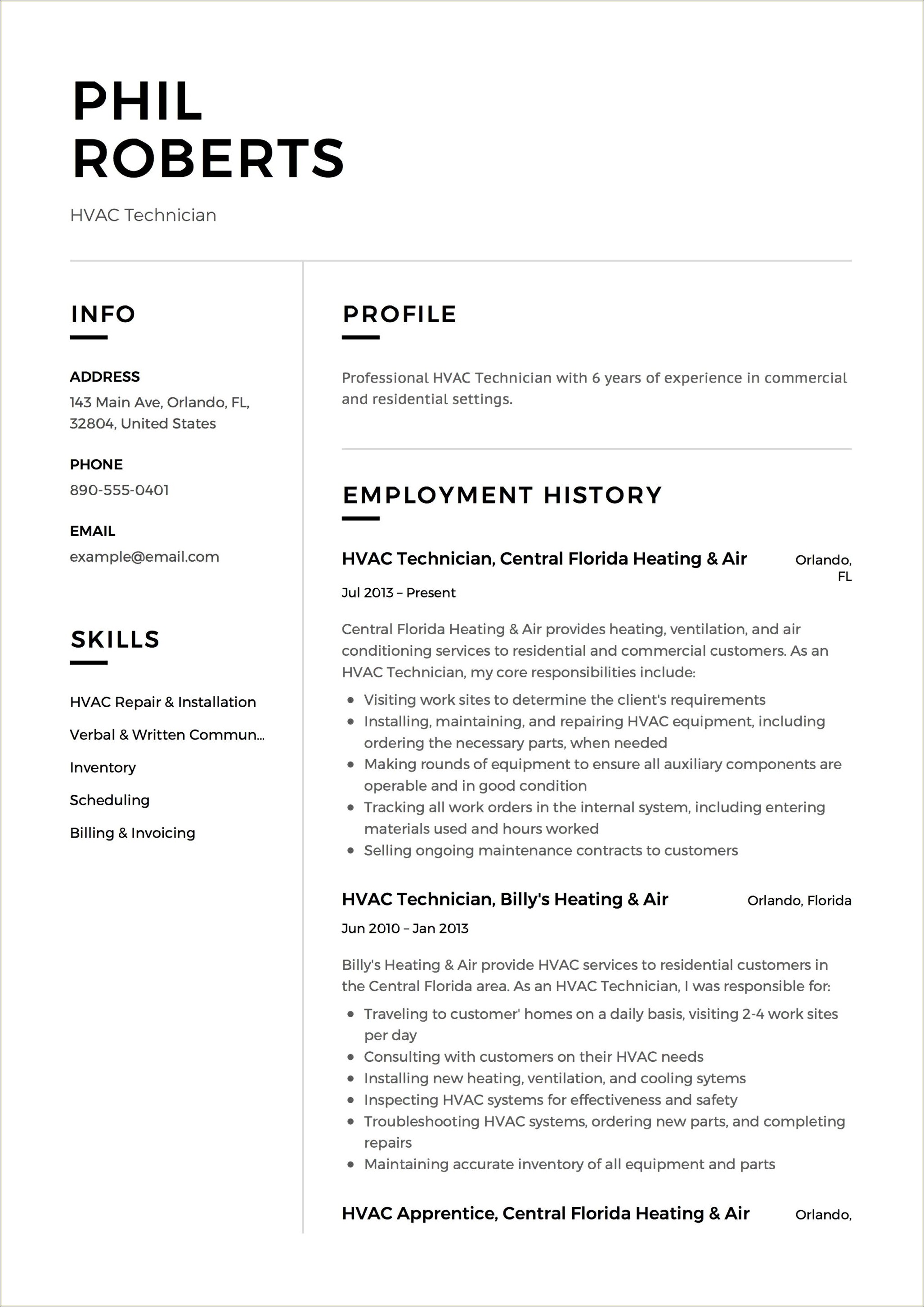 Hvac Job Resume With No Experience