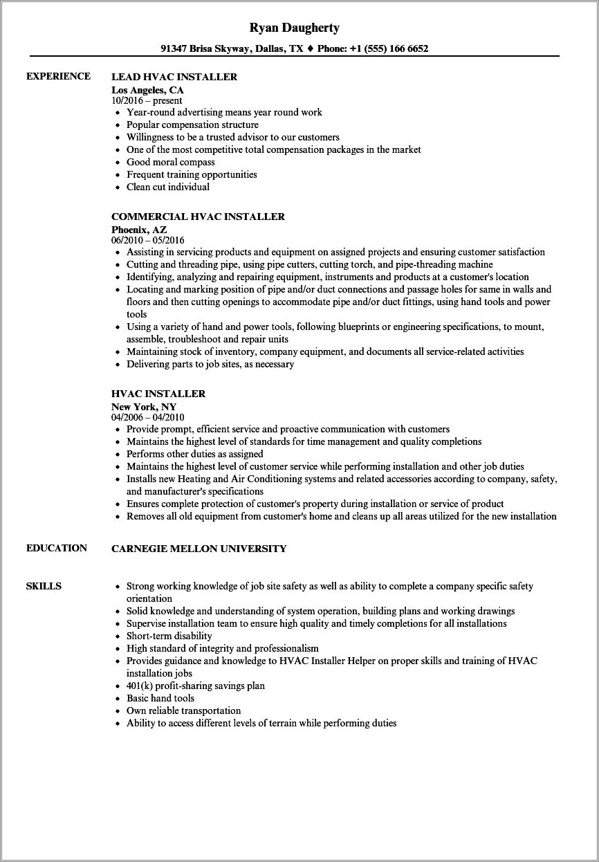 Hvac Service Technician Job Description Resume