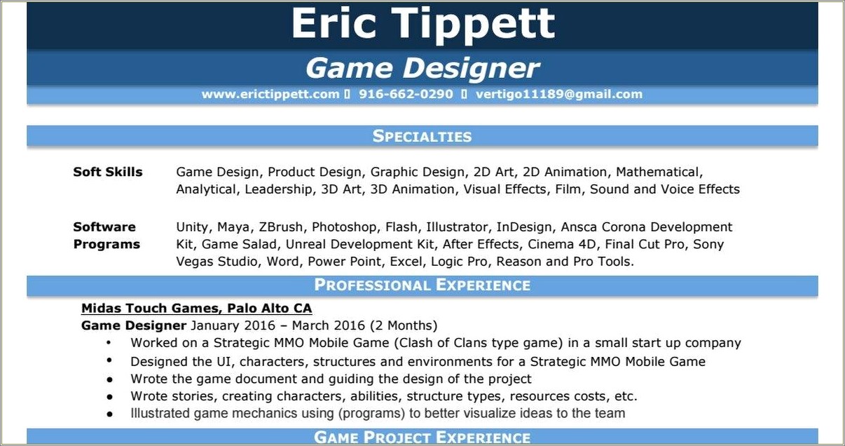 I Wrote A Game Resume Example