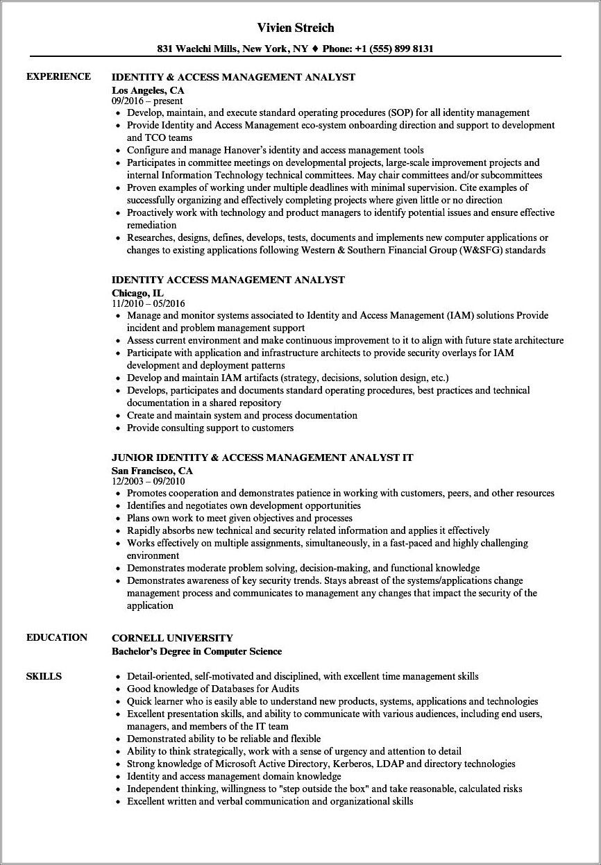 Identity And Access Management Analyst Resume