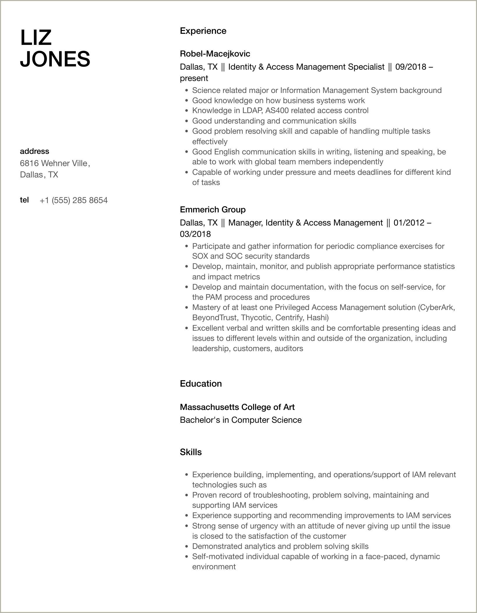 Identity And Access Management Manager Resume Samples