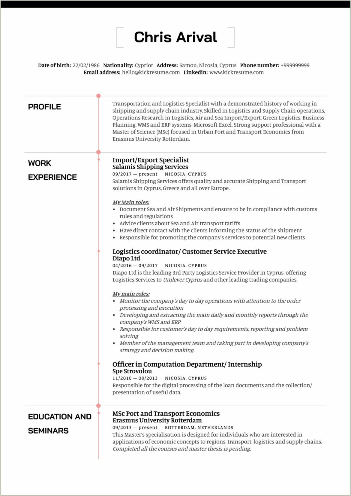 Impoer Export Cordinator Reperesentetive Resume Sample