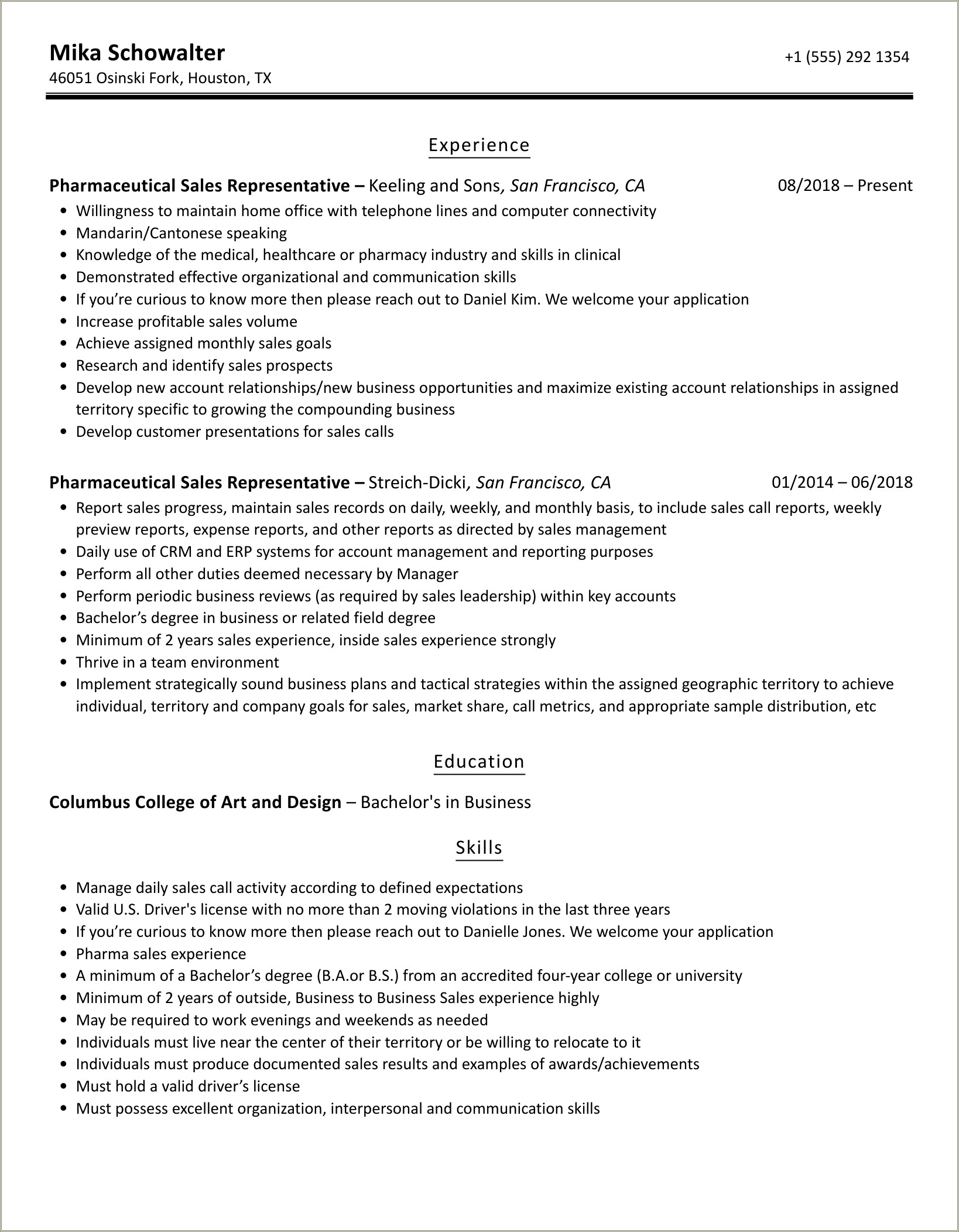 Independent Pharmaceutical Sales Rep Sample Resume