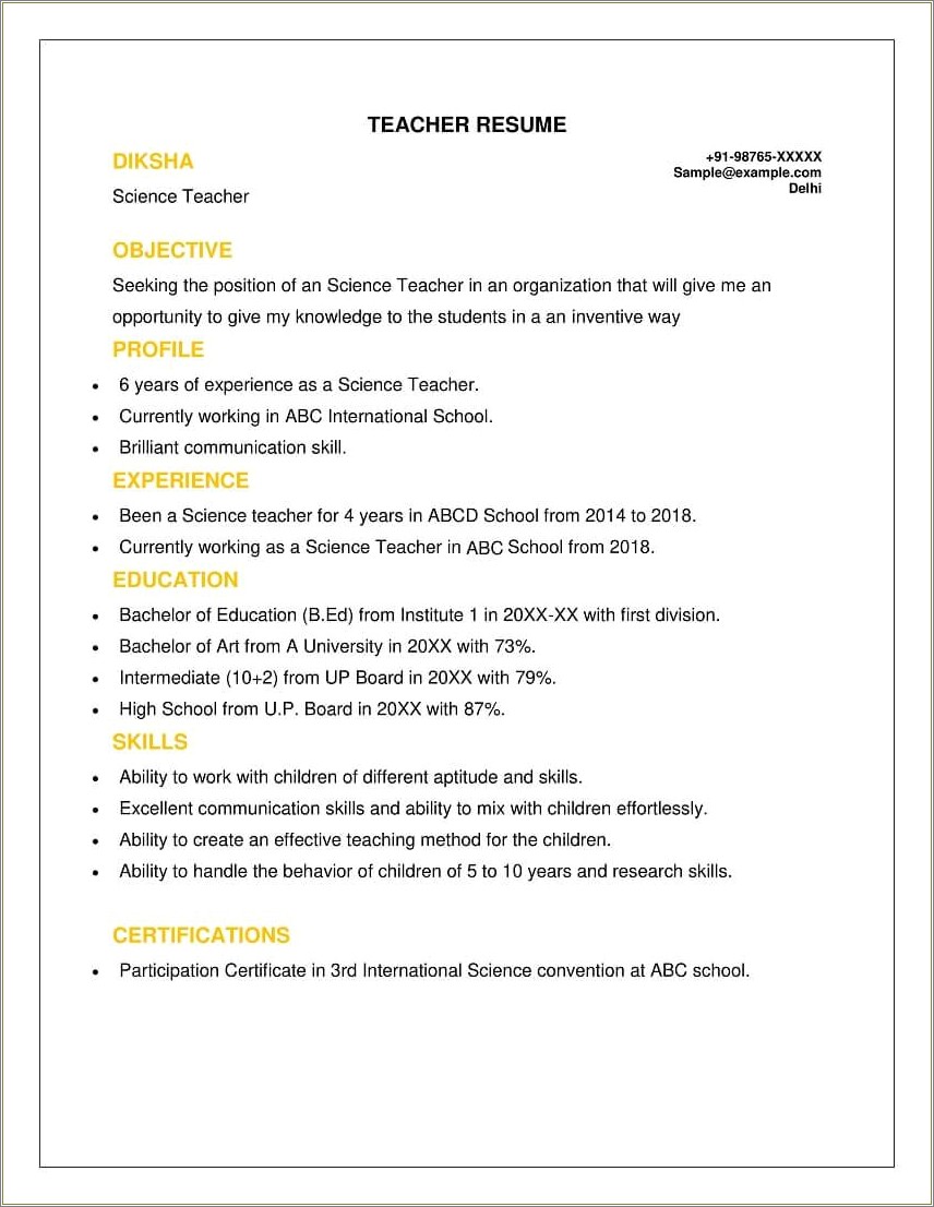 India Teacher Experience Resume Sample Download