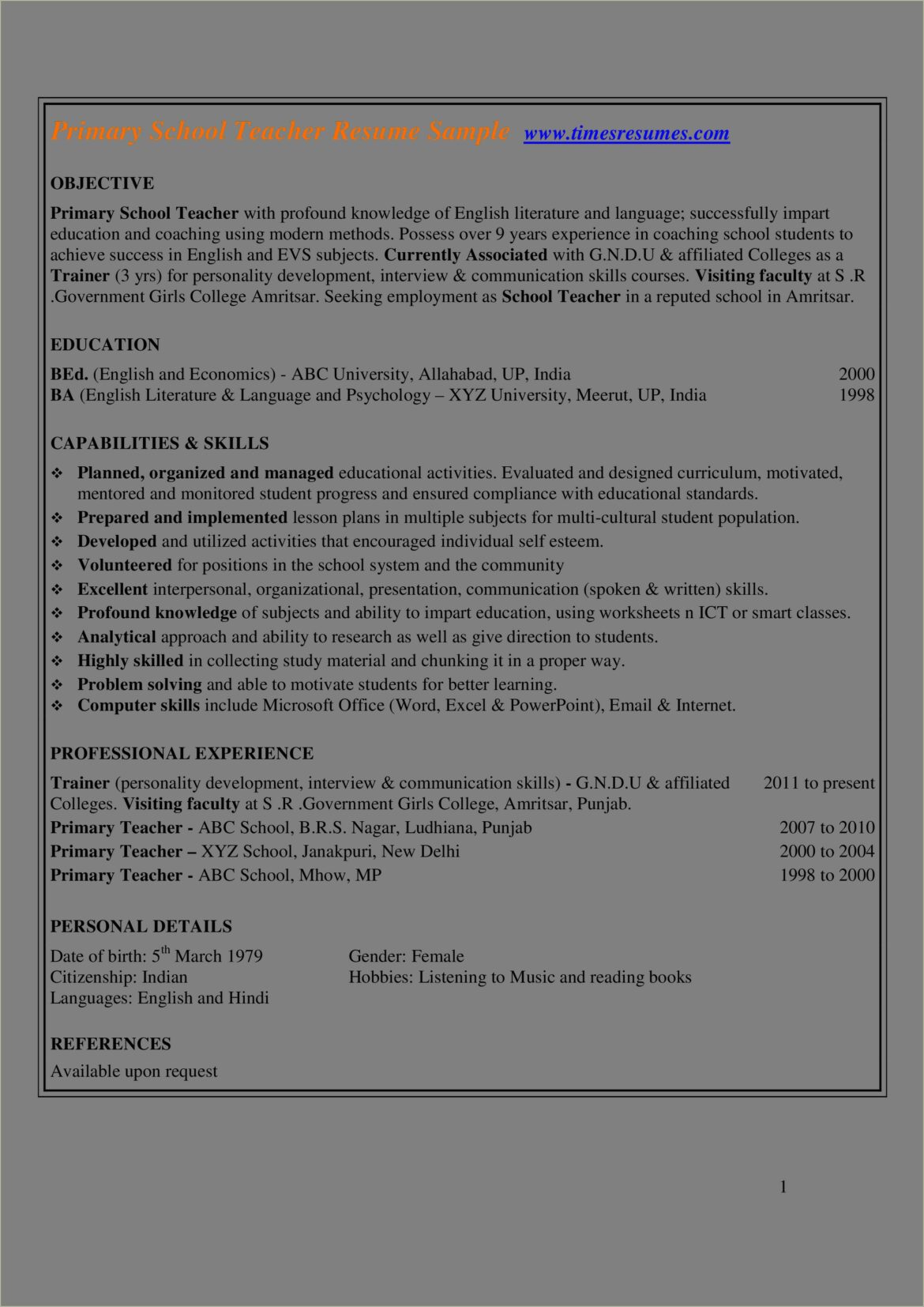 Indian Primary Teacher Resume Format In Word