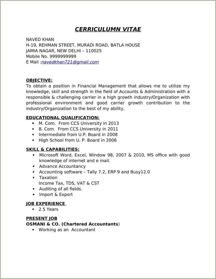 Indian Resume Format Download In Ms Word