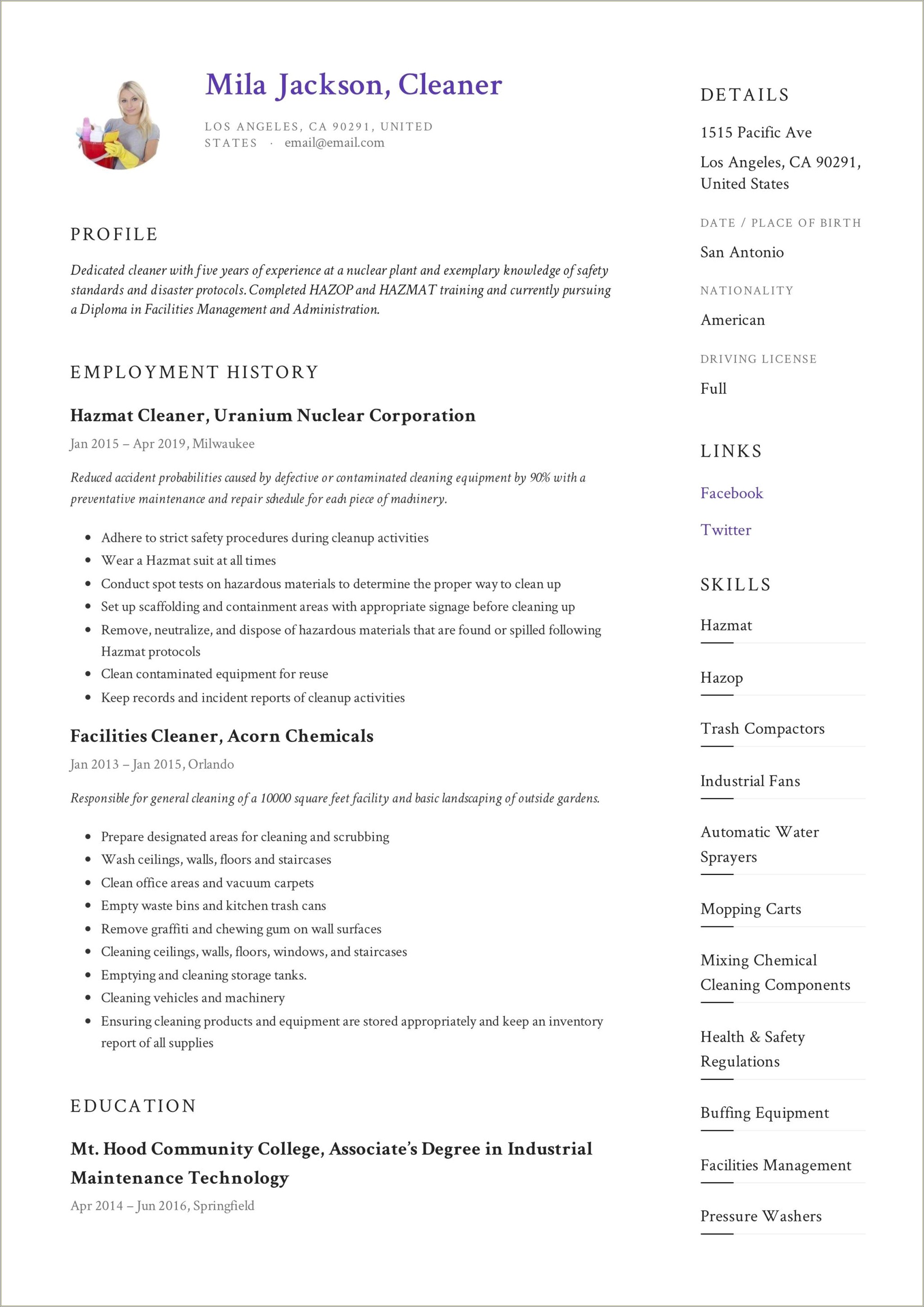 Industrial Cleaner Job Description For Resume