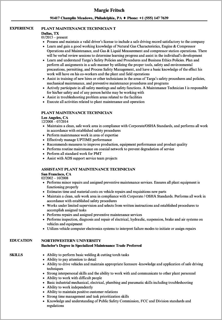 Industrial Maintenance Technician Job Description Resume