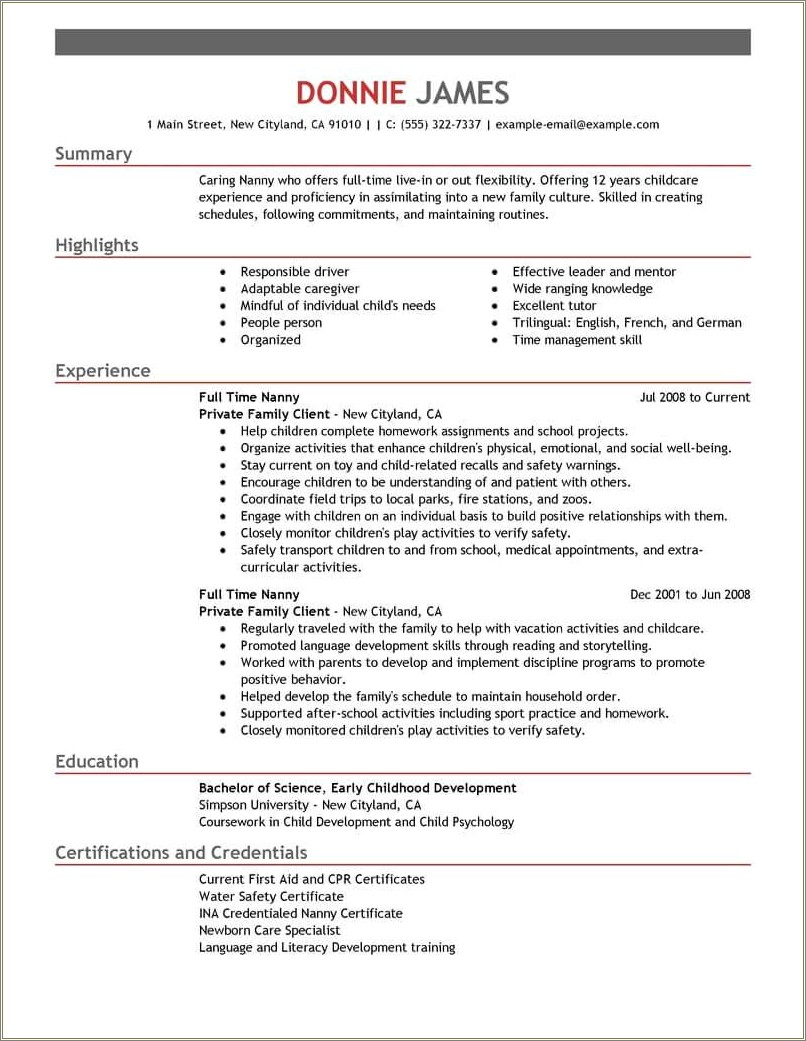 Infant Nanny Special Skills On Resume