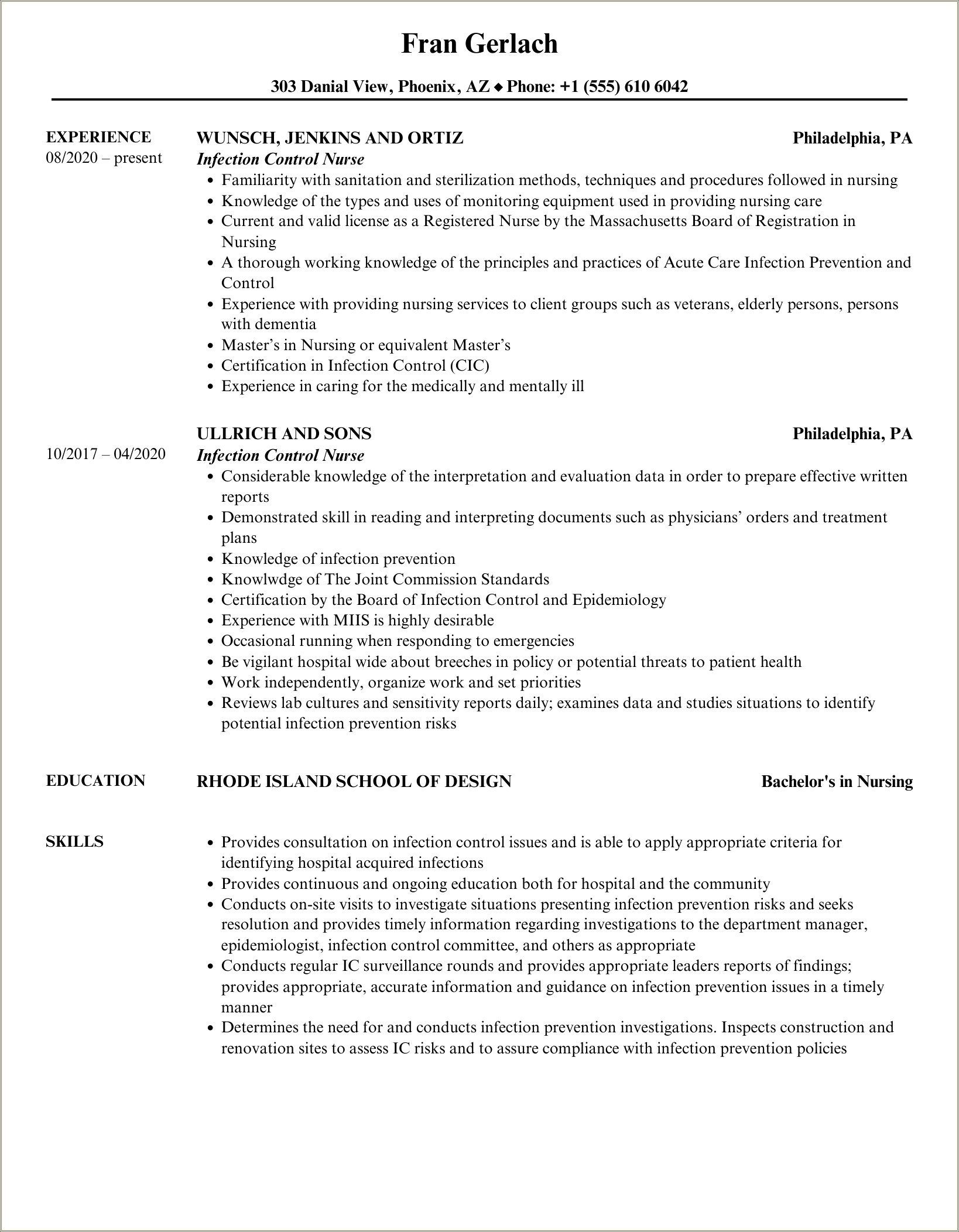 Infection Preventionist Job Description For Resume