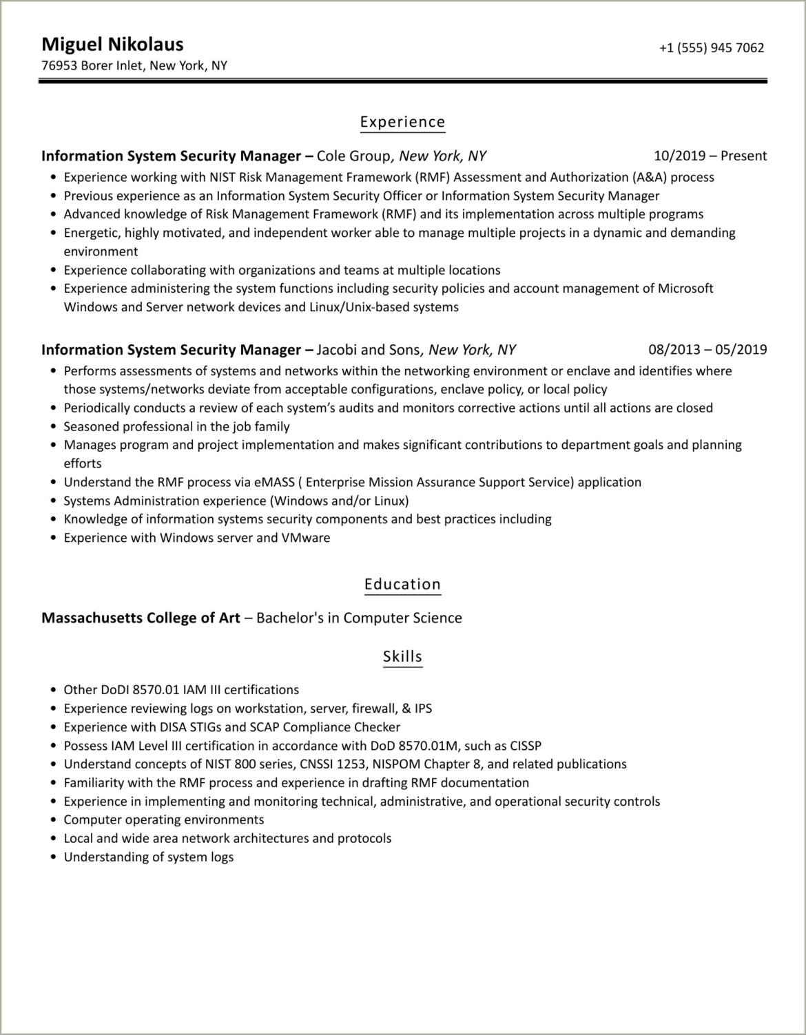 Information System Security Manager Resume Bullets