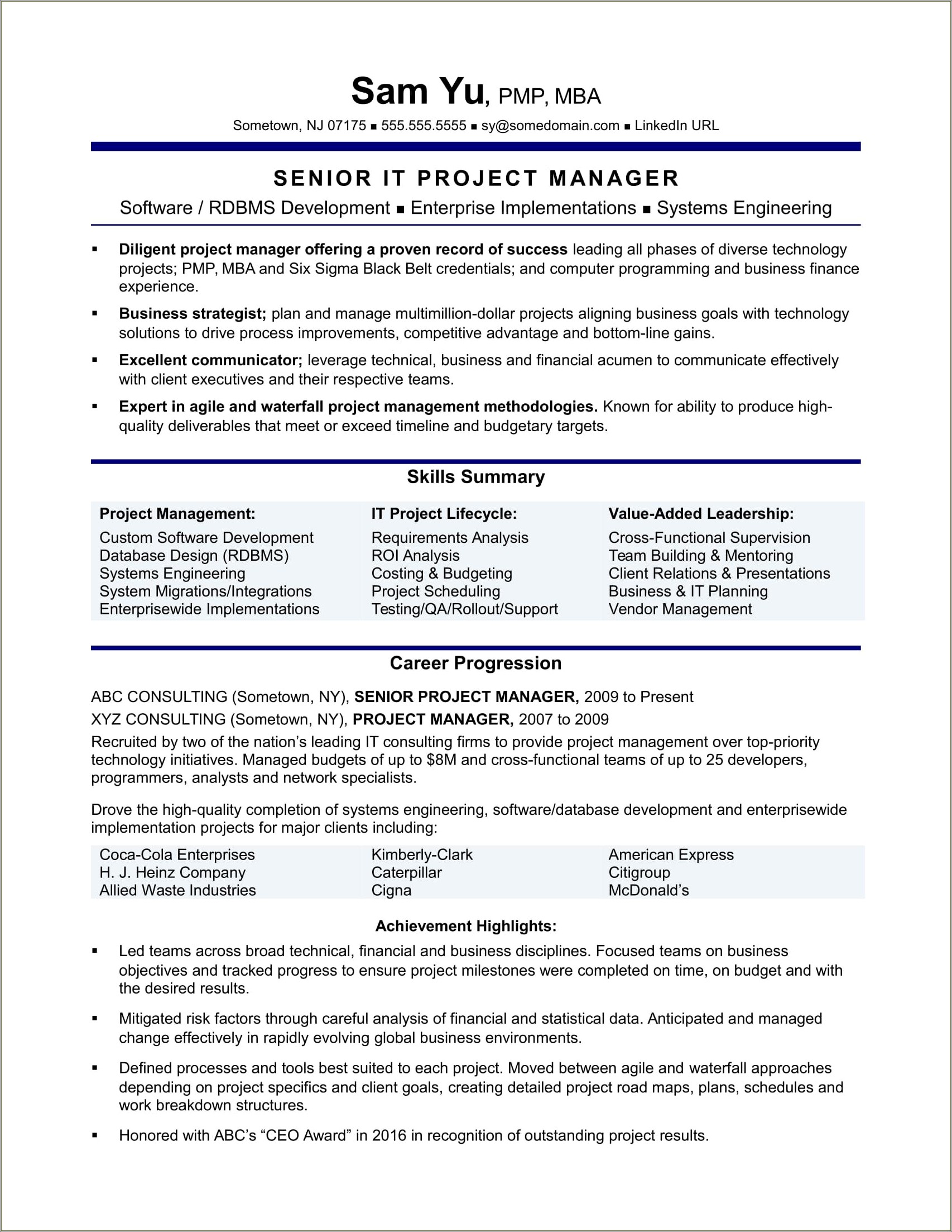 Information Technology Management Final Project Sample Resume
