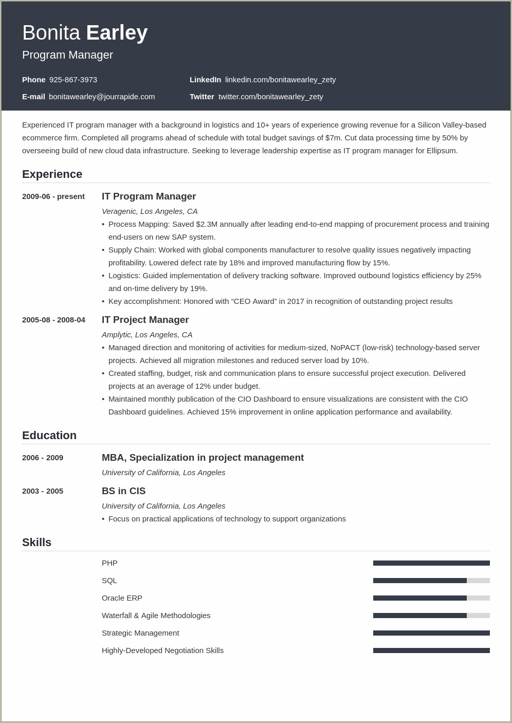 Infrastructure Experience As A Project Manager Resume