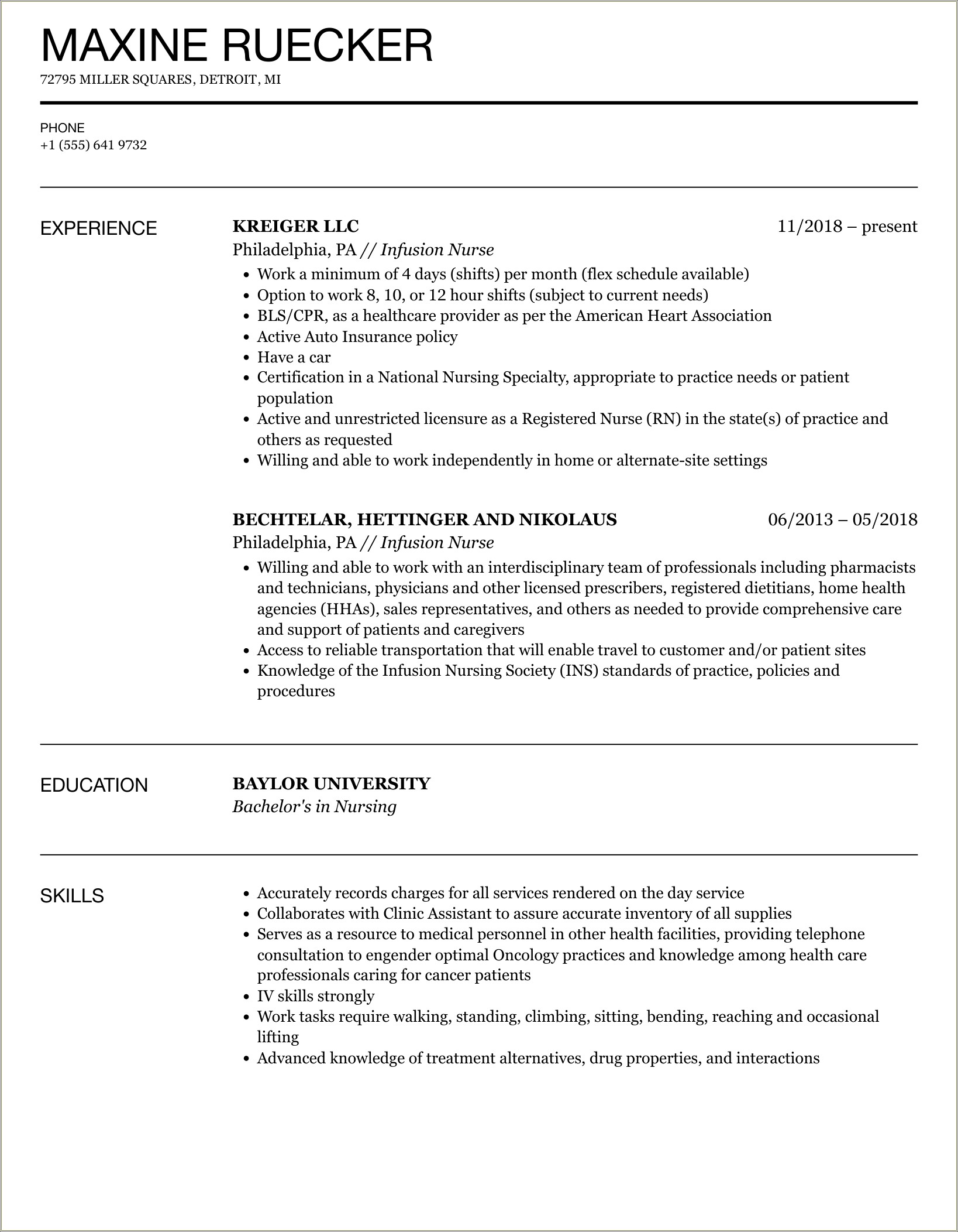 Infusion Nurse Job Description For Resume