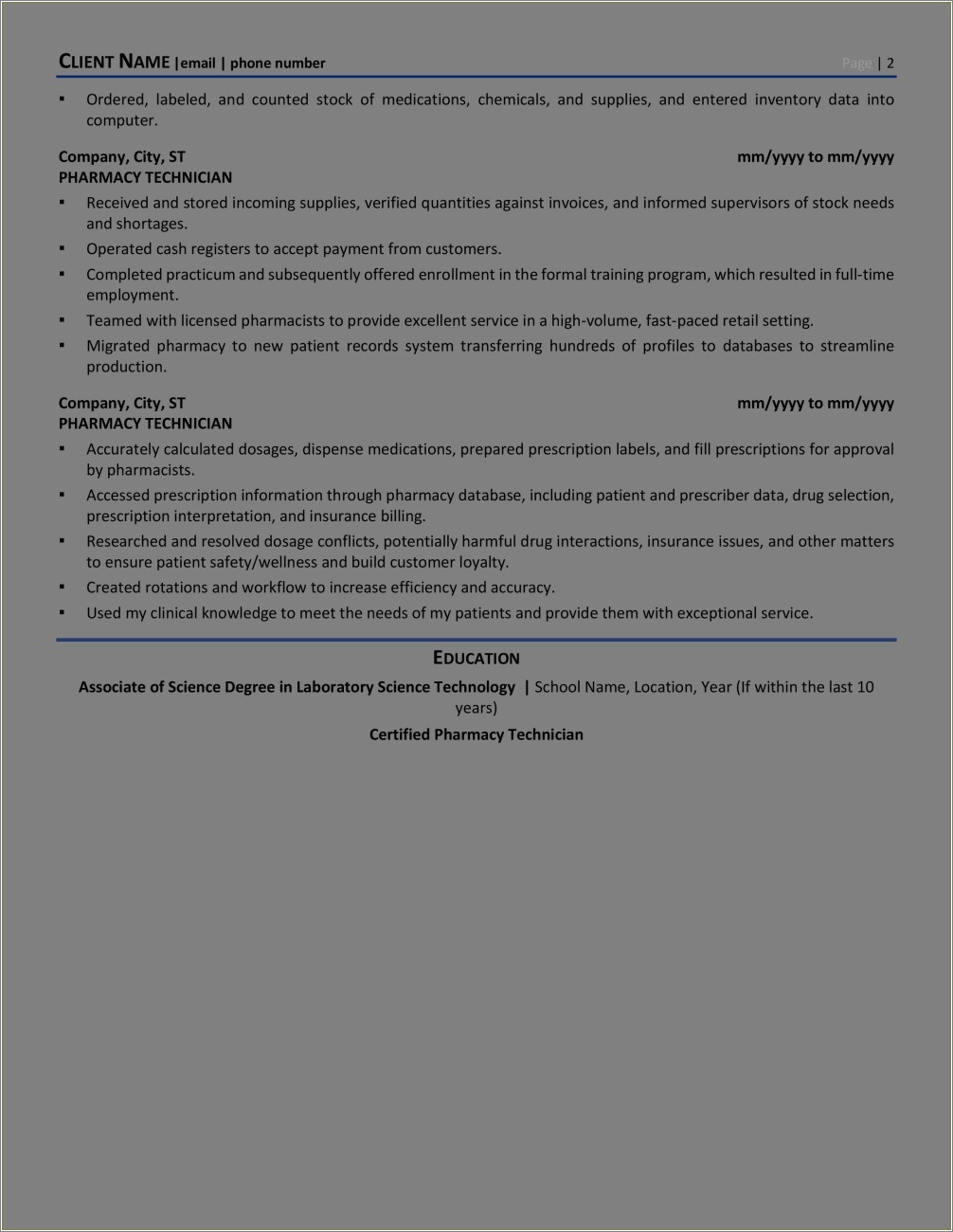 Inpatient Pharmacy Technician Resume Job Description