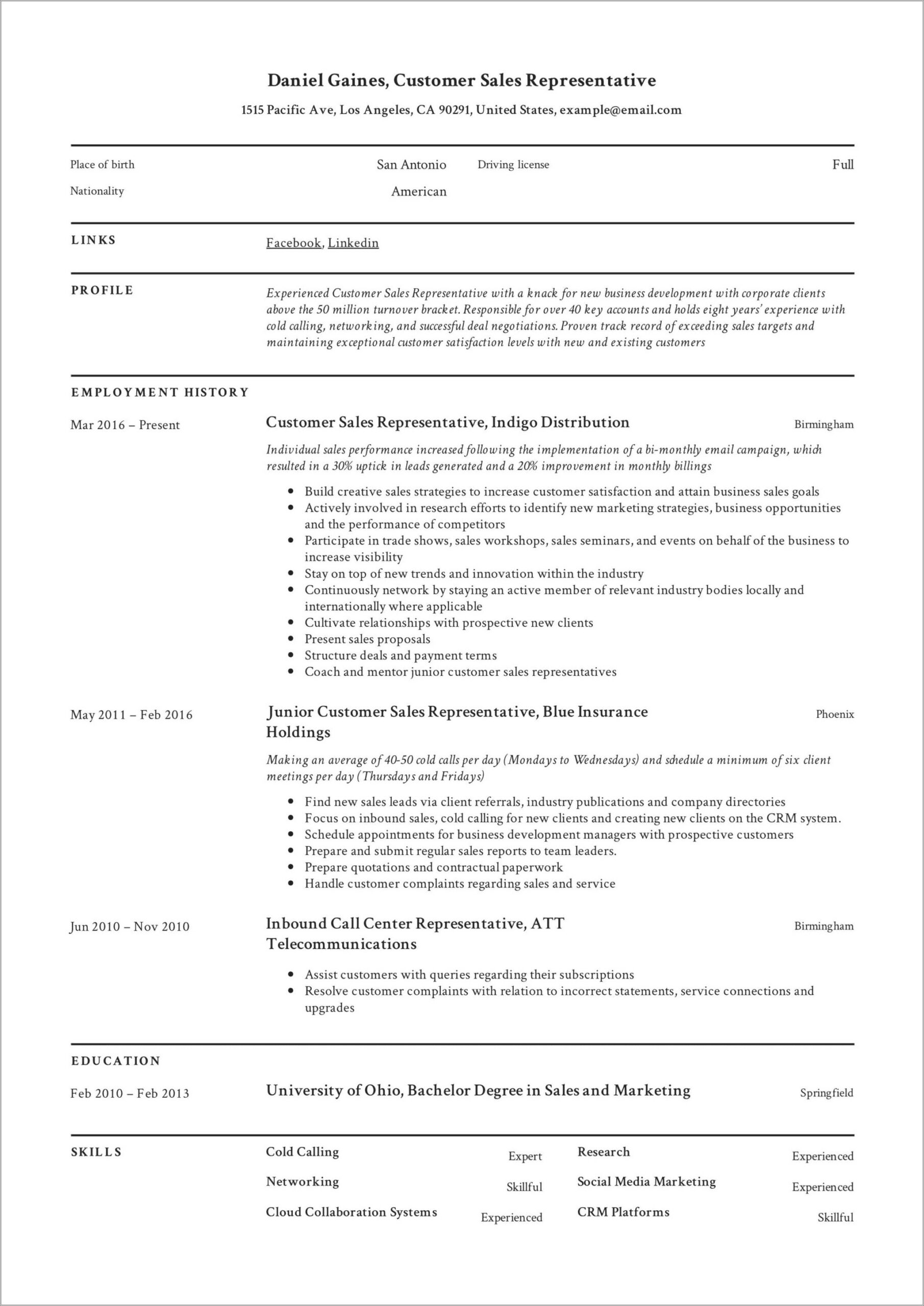 Inside Sales Representative Job Description For Resume