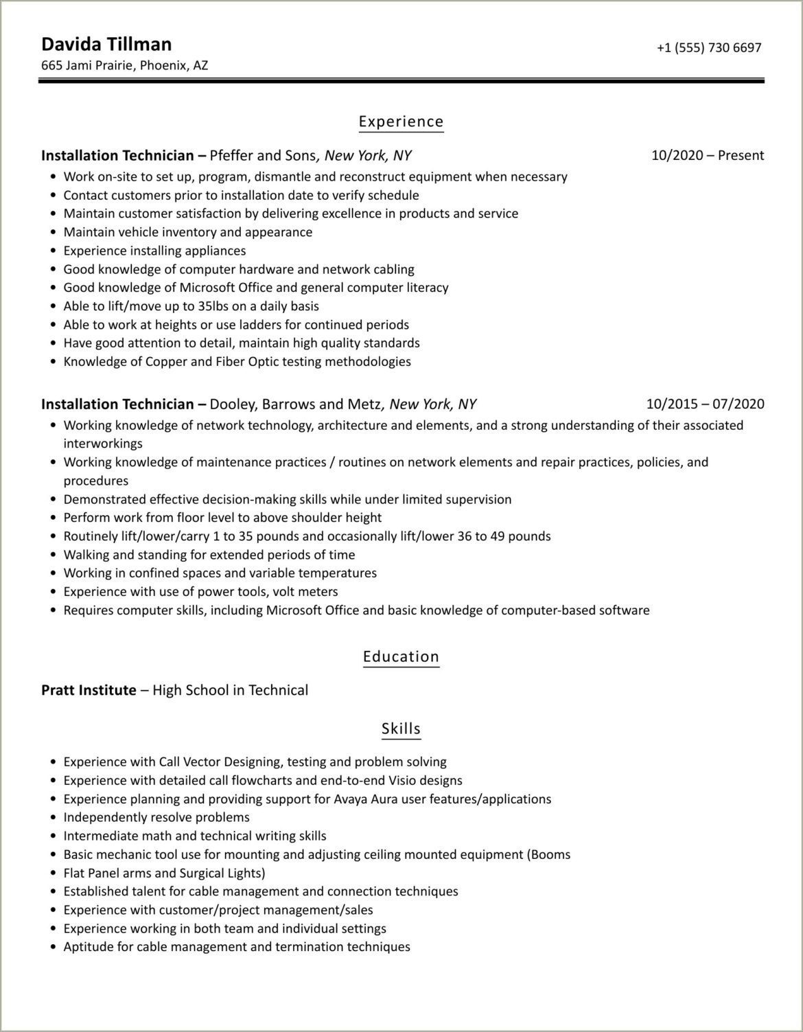 Installation Tech Resume With No Experience