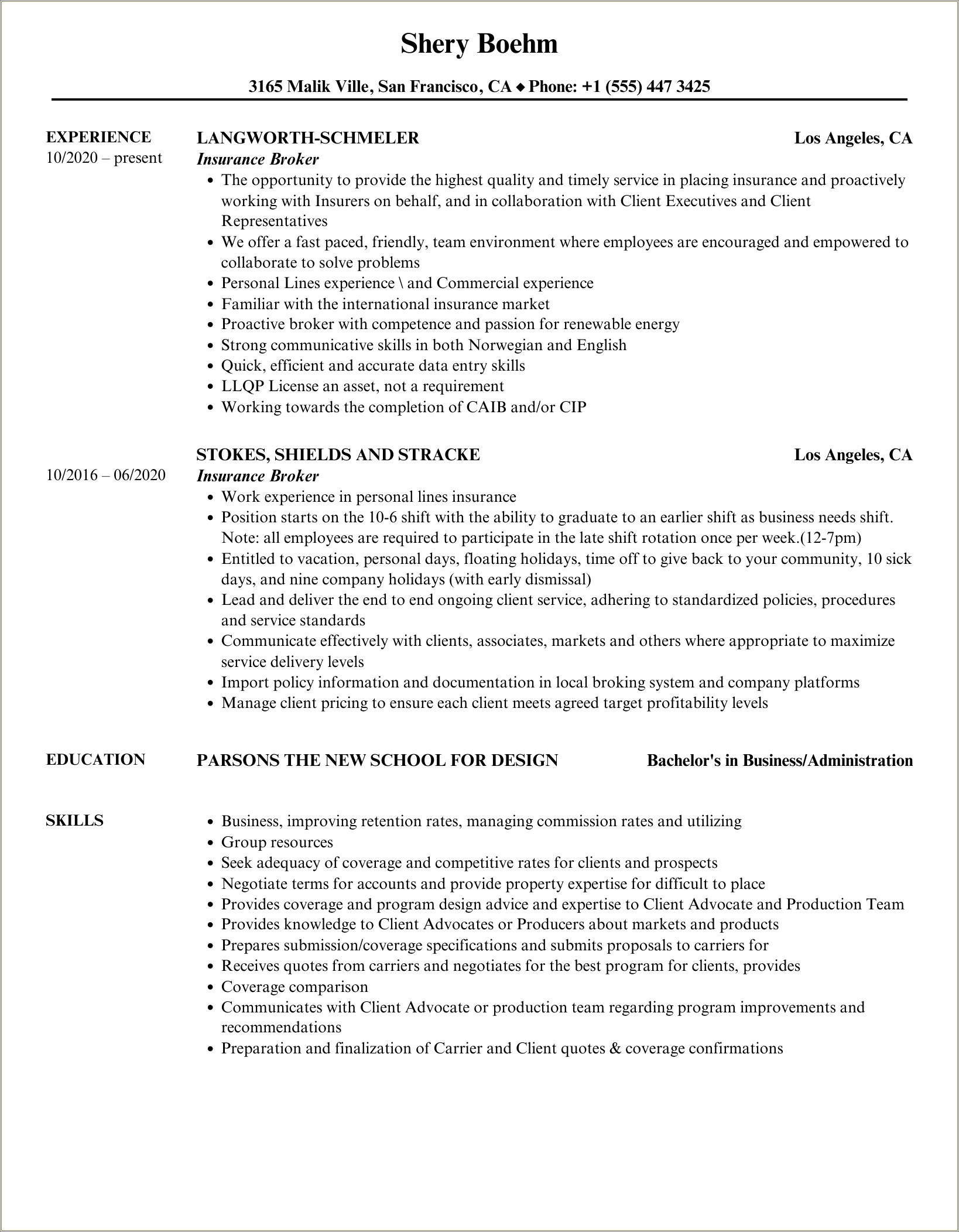 Insurance Broker Resume Sample Cover Letter