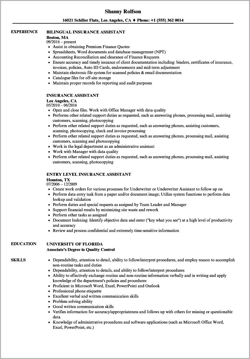 Insurance Claims Administrative Assistant Resume Examples