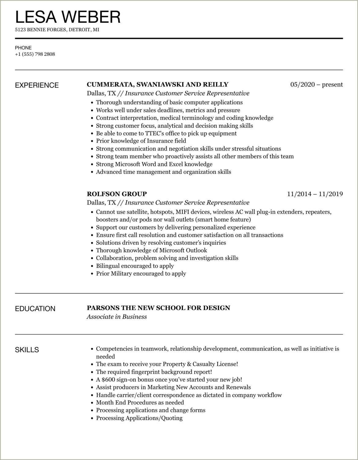 Insurance Csr Job Description For Resume