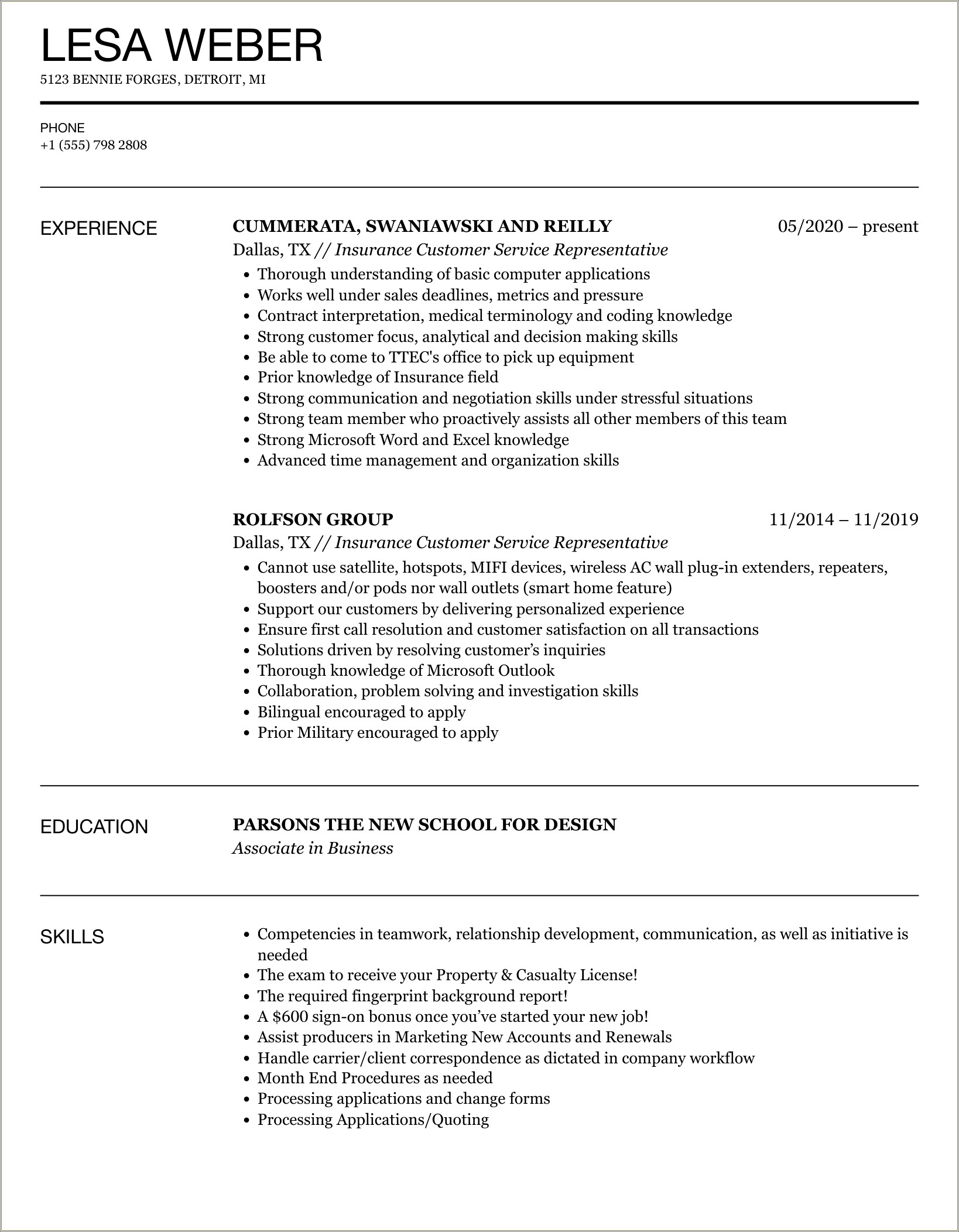 Insurance Csr Job Description For Resume