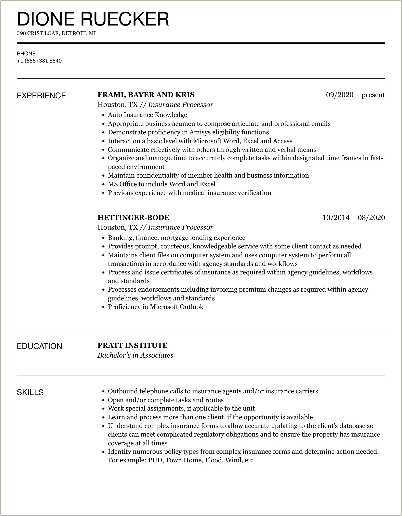 Insurance Policy Processing Clerk Resume Sample
