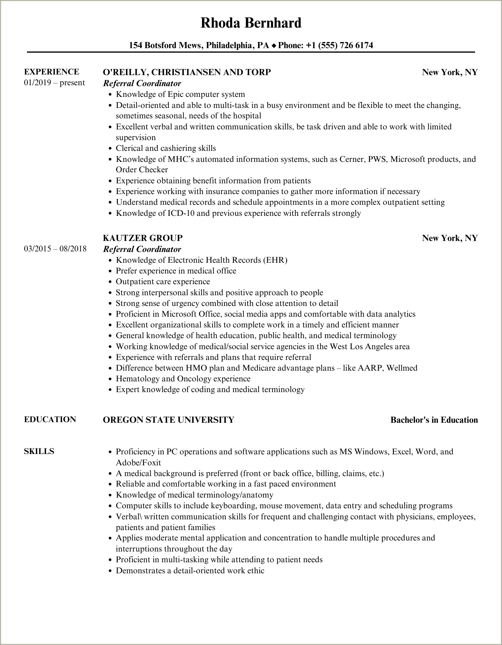 Intake And Referral Manager Resume Samples