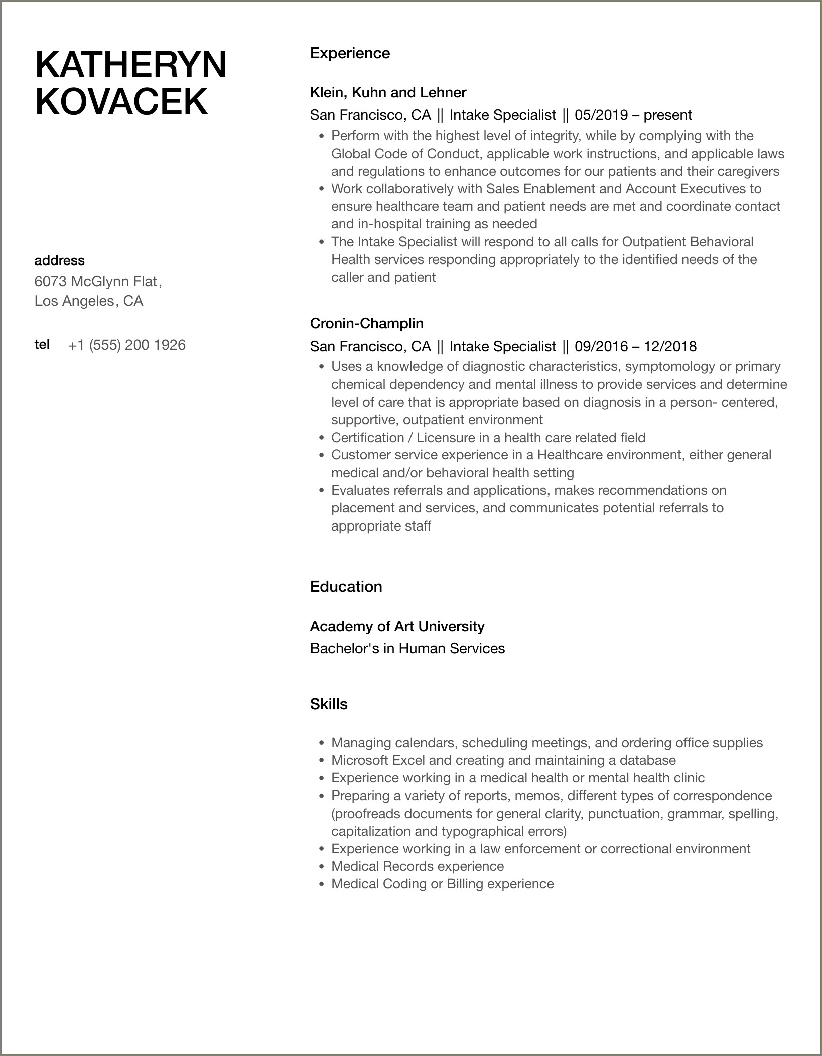Intake Specialist Job Description Resume Mental Health