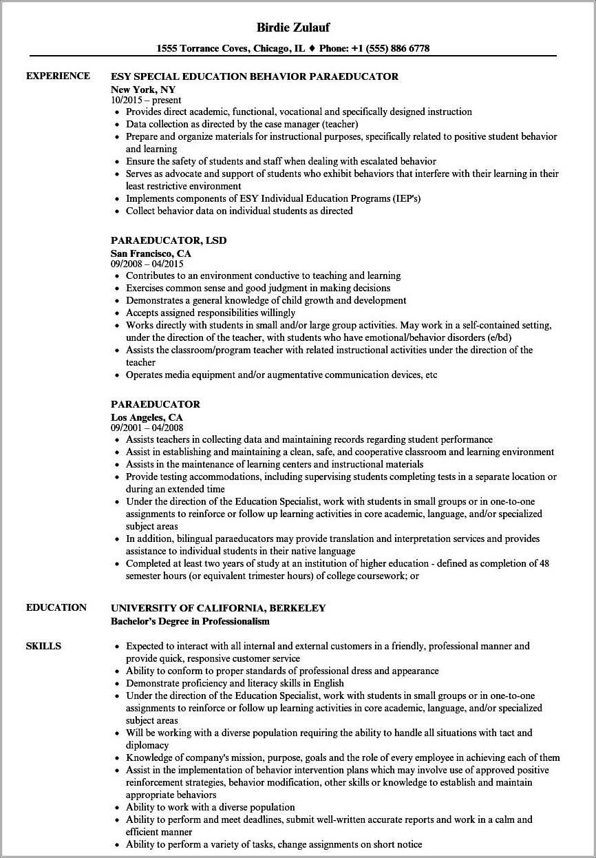 Intensive Learning Center Paraeducator Resume Skills