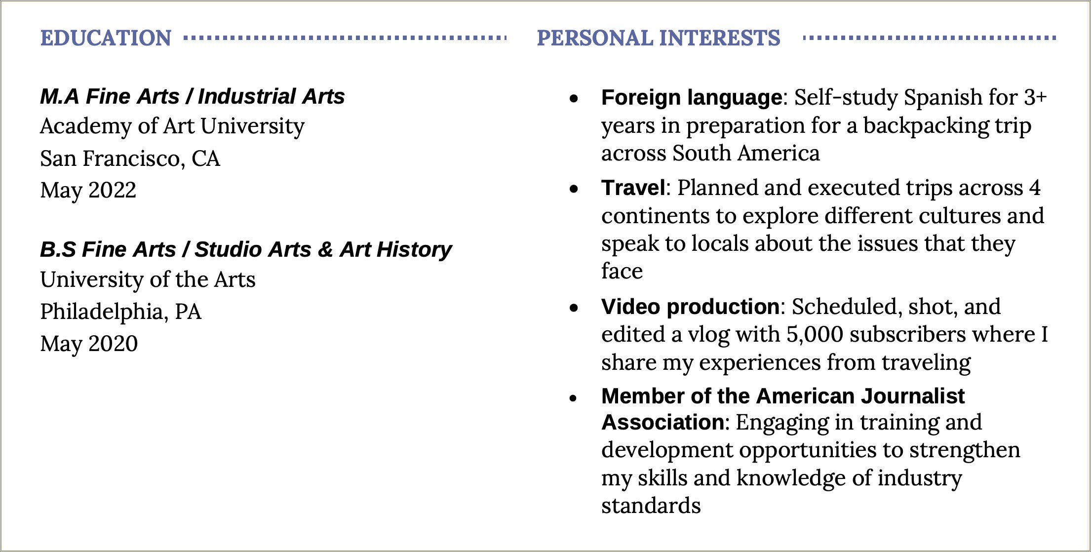 Interests To Put On A College Resume