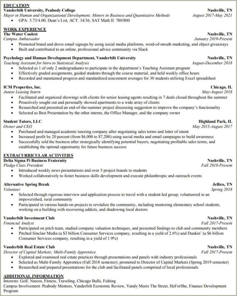 Intern Experience Investment Banking Resume Entry
