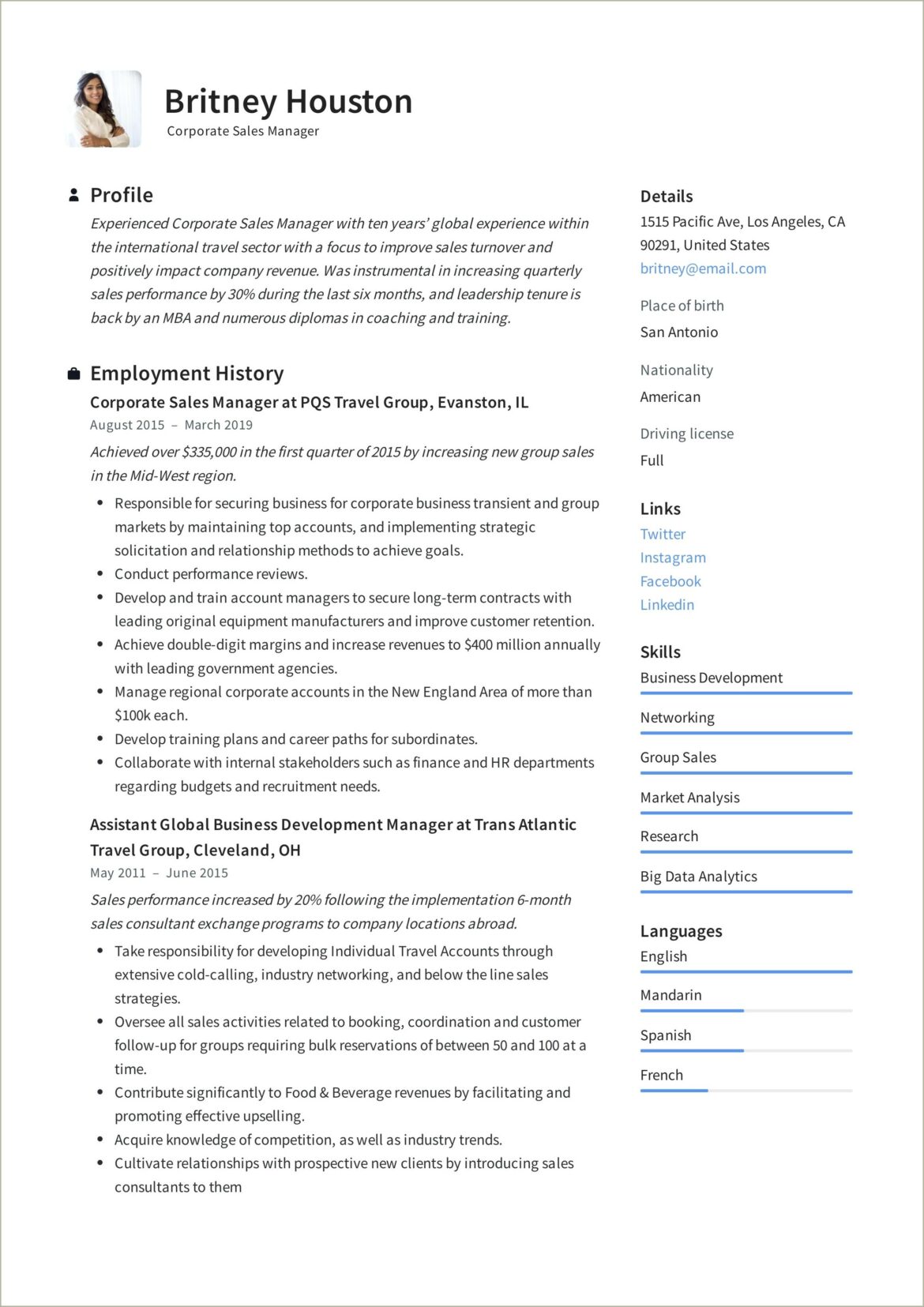 International Resume Format For Sales Manager