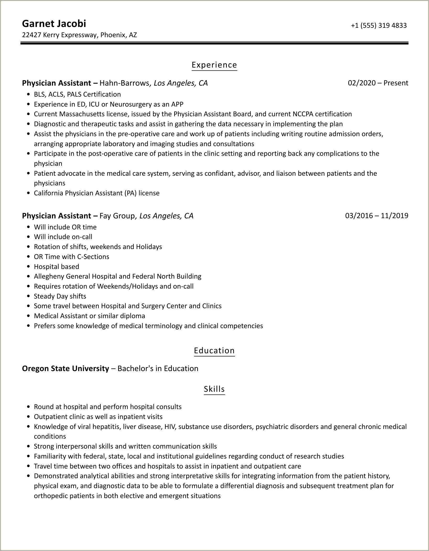 Interventional Radiology Physician Assistant Resume Sample