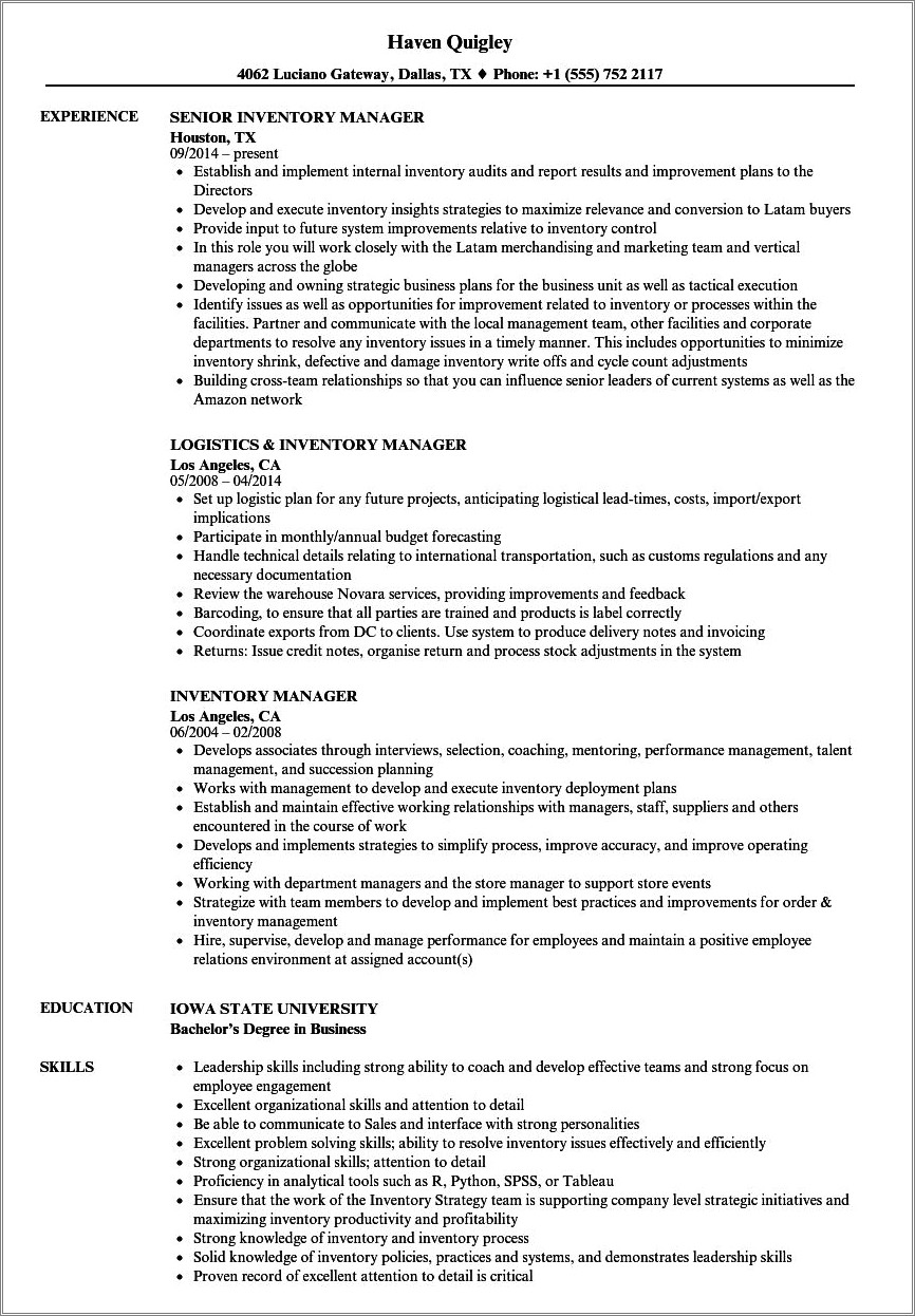 Inventory Control Manager Job Description Resume