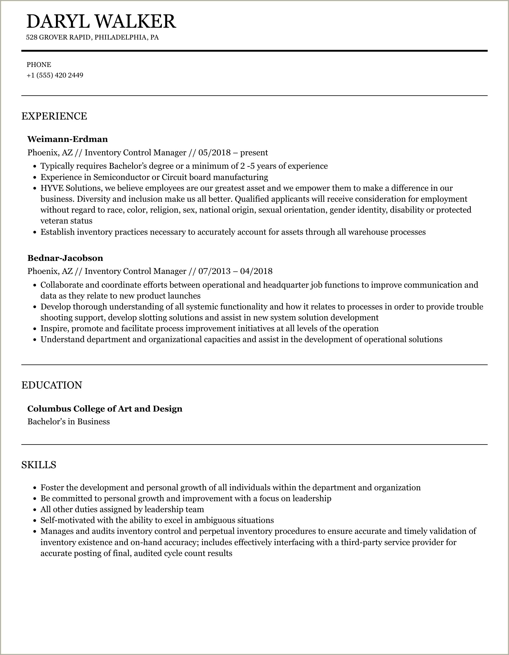 Inventory Control Manager Resume For Commodity