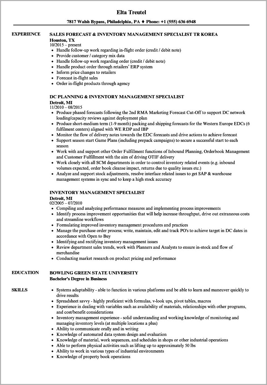 Inventory Specialist Ii Job Description Resume