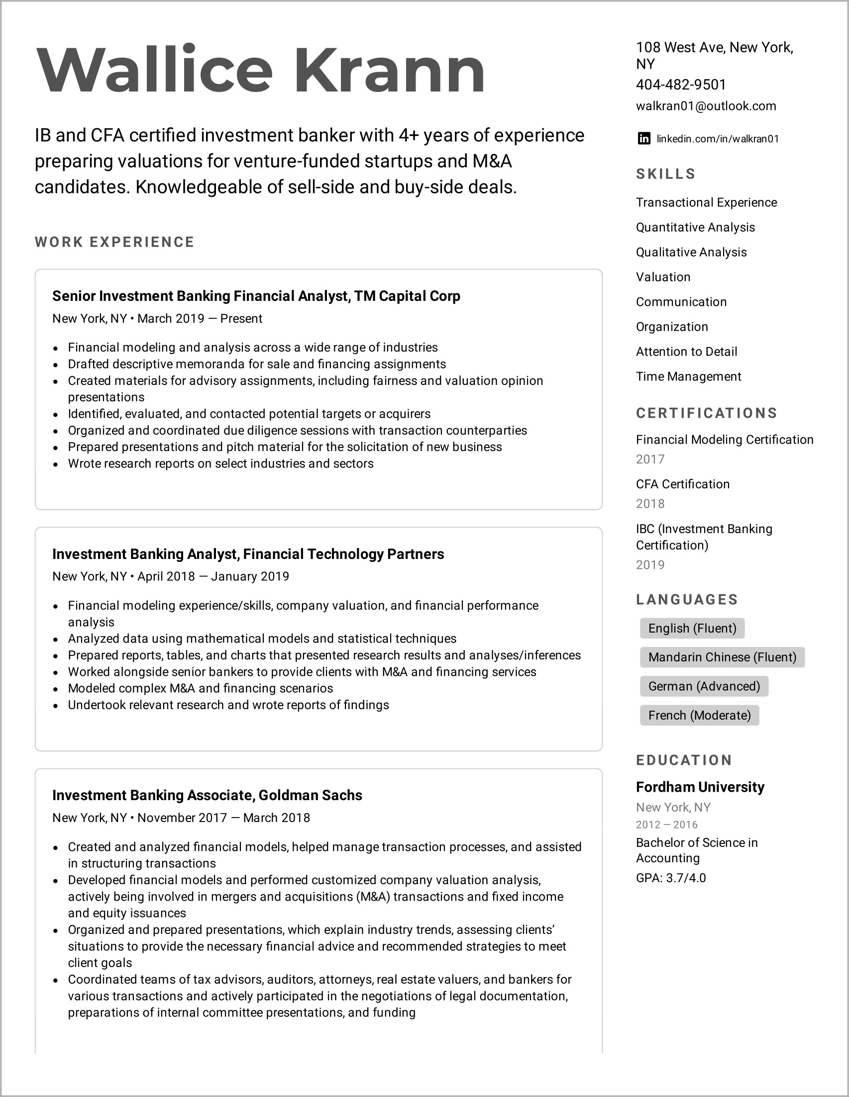Investment Bank Resume With No Experience
