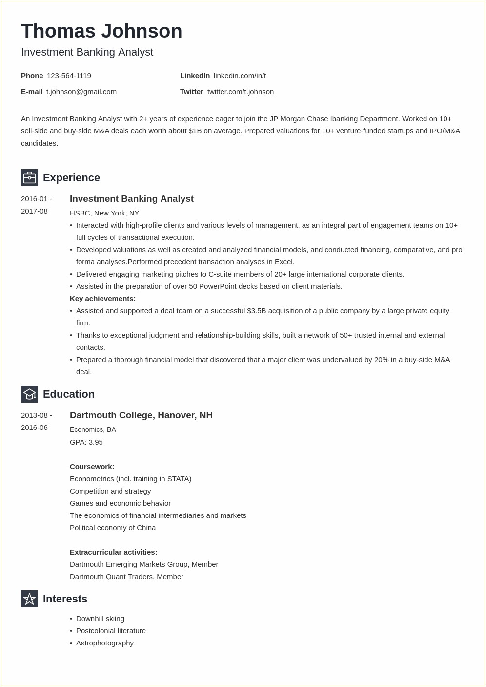 Investment Banking Analyst Resume Example Sample