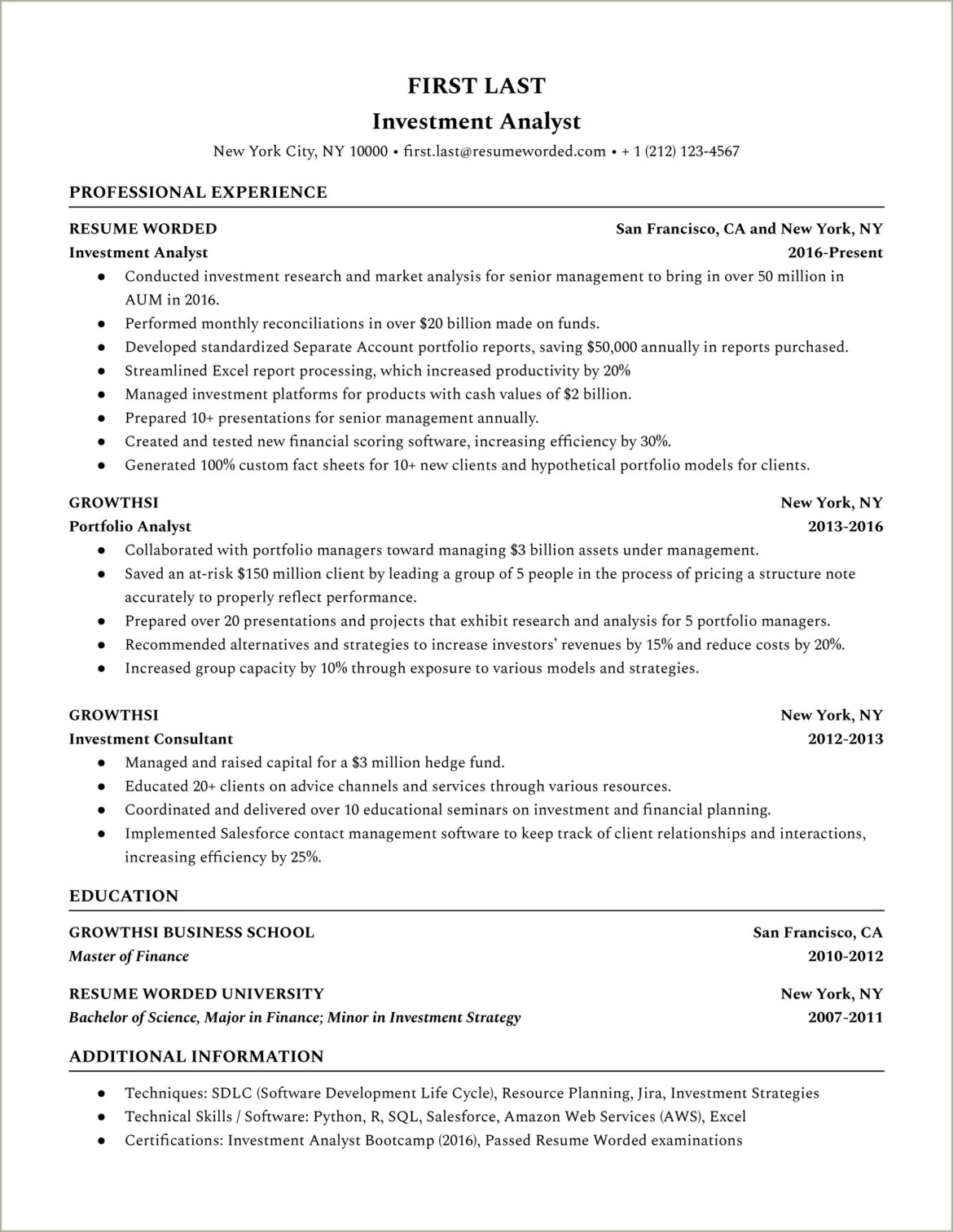 Investment Banking Business Analyst Sample Resume