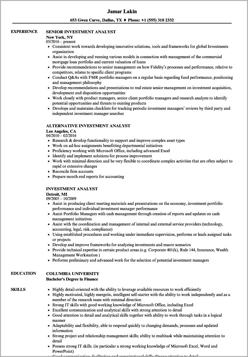 Investment Banking Financial Analyst Resume Sample