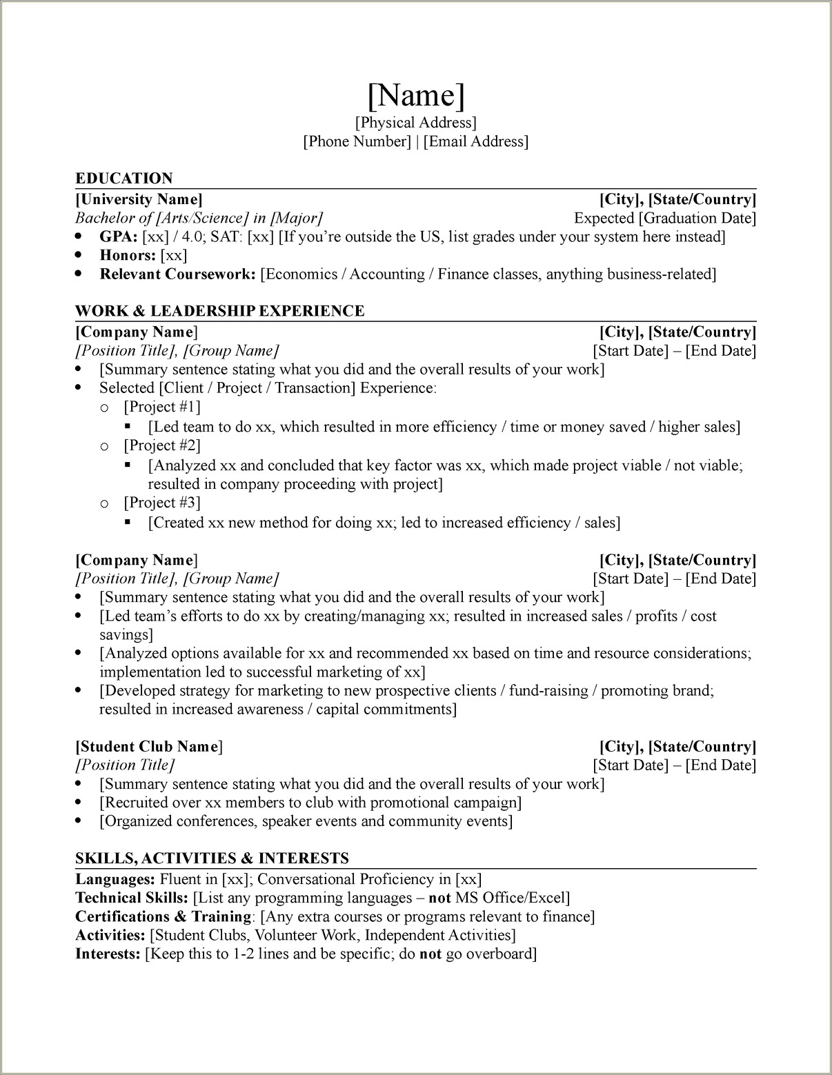 Investment Banking Resume Wiht Without Experience